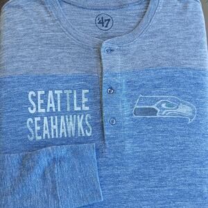 '47 Seattle Seahawks Colorblock Henley Mens L long sleeve blue grey button crew